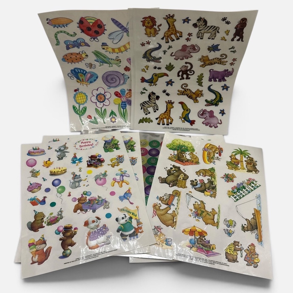 Current USA Sticker Sheets Lot Kids Bear Safari Birthday Smiley 11 Sheets Vtg